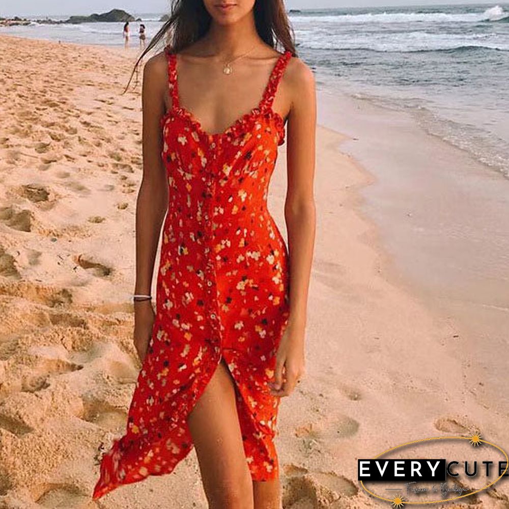Casual Corset Red Fleur Floral Ruffle Strap Button Up Floral Dress