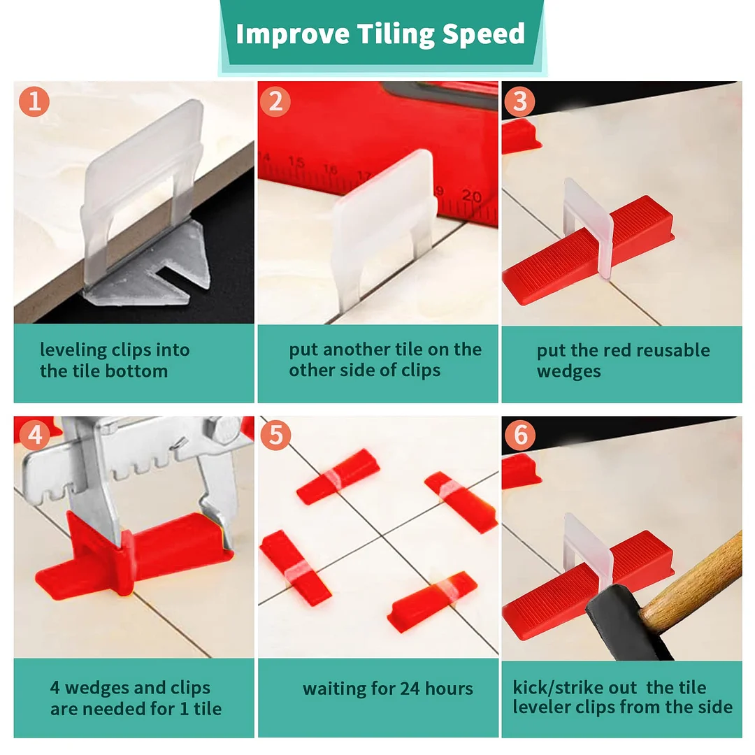مجموعة نظام تسوية البلاط مع زرادية واحدة للبلاط، و200 قطعة من مشابك فواصل البلاط مقاس 2 مم و100 قطعة من إسفين مستوى البلاط القابل لإعادة الاستخدام