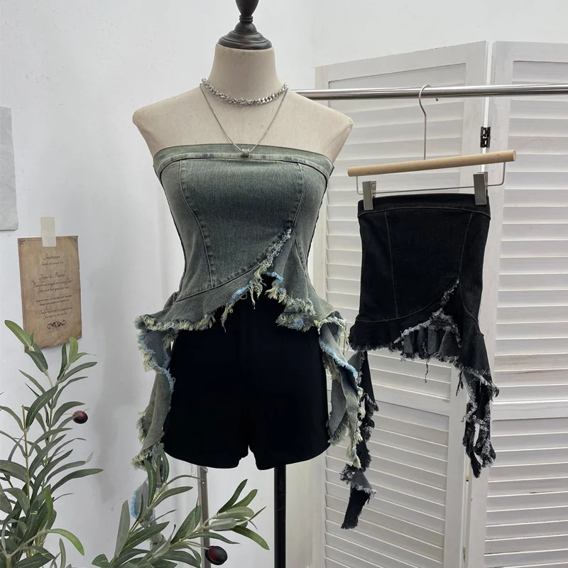 Nigikala Nigikala Shooting Spice Girls Irregularly Brush Chest To Make Old Hair Edge Open Short Sleeveless Top Sling Sling Vest 2716