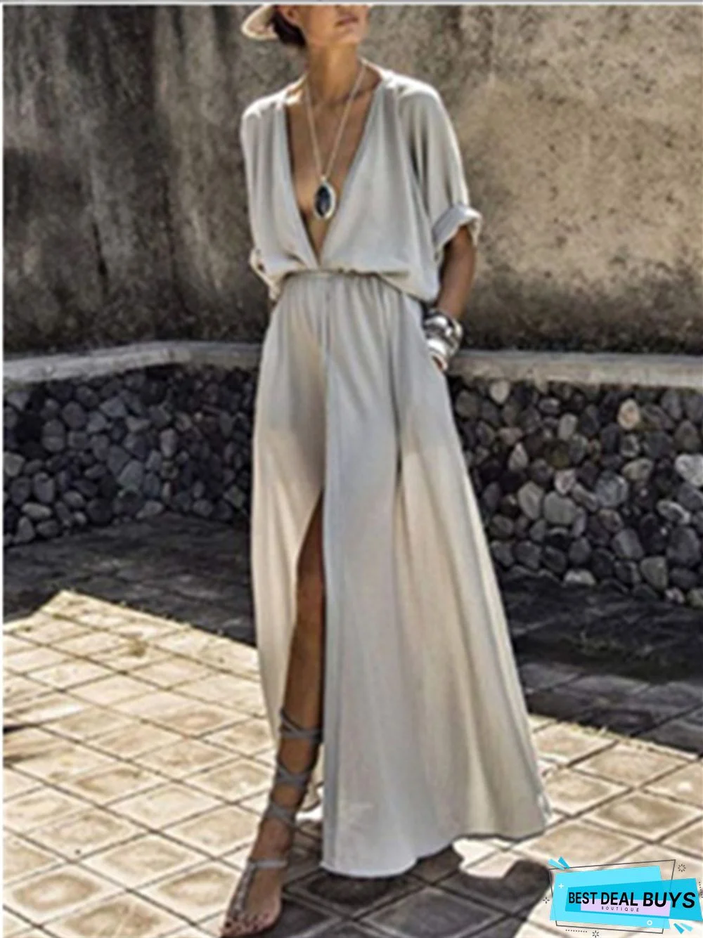 New Popular Deep V Mid Sleeve Split Dress Black Dresses