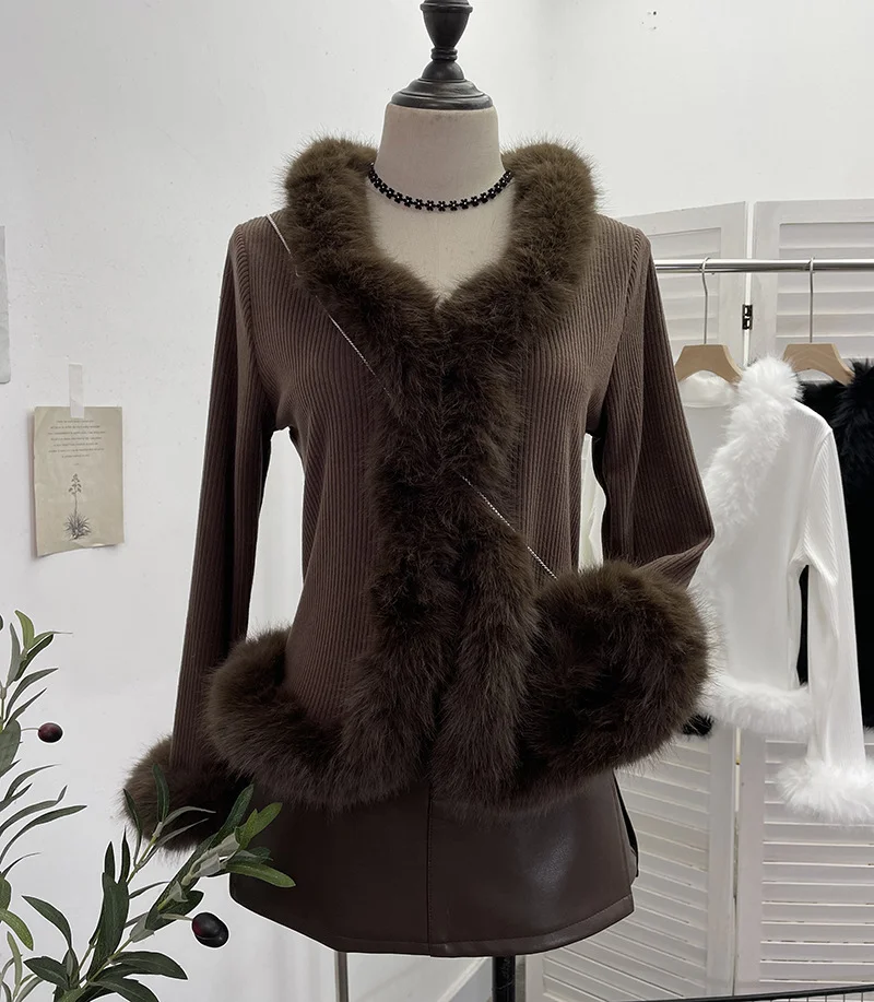 Uveng Real Shooting Babes V Collar Hair Spliced Knitted Cardigan Women Autumn And Winter Decoration Slim Coat Temperament Coat 2676