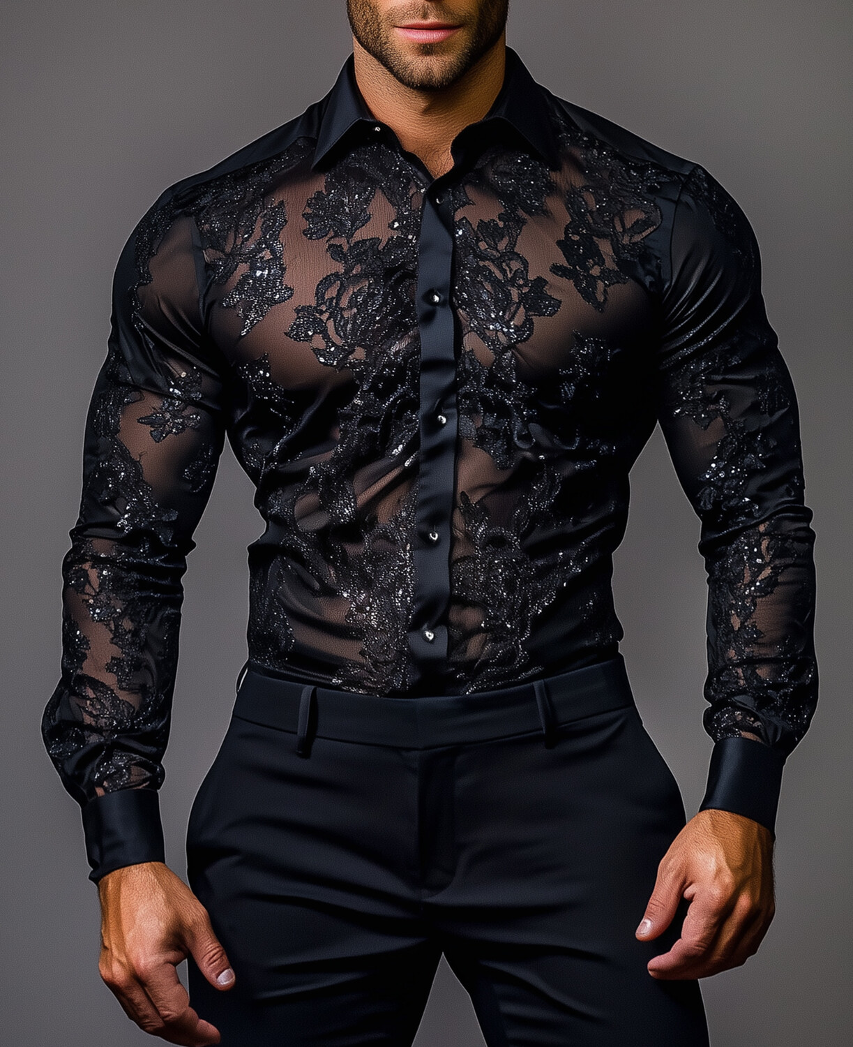 Okaywear Floral Lace See-Through Button Long Sleeve Shirt