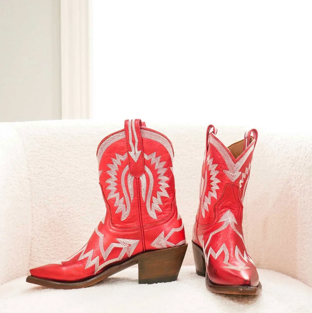 Red Metallic Pointed Toe Embroidery Cowgirl Ankle Boots With Chunky Heels Nicepairs