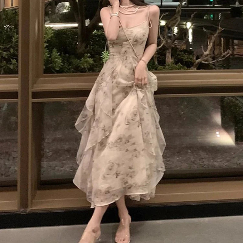 Aiertu Elegant Holiday Dresses for Women Long Floral Chiffon Midi Dress Sleeveless Vintage Dress Fairy Slim Party Casual aiertu