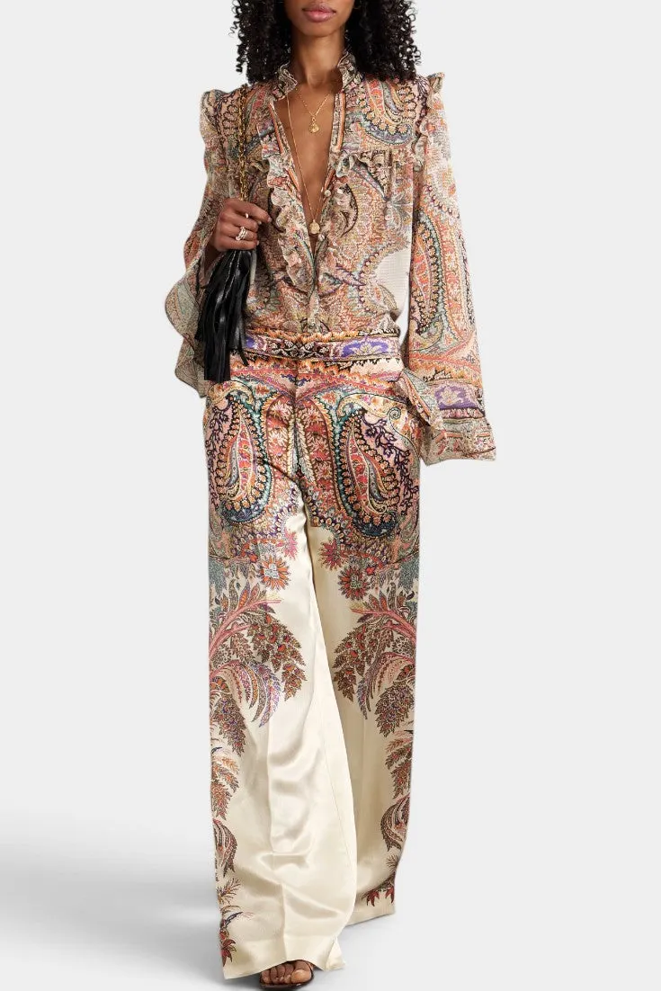 Ruffled Paisley Blouse with Wide-Leg Pants Set