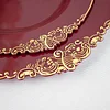10 Pack | 8" Round Plastic Dessert Salad Plates In Vintage Burgundy, Gold Leaf Embossed Baroque Disposable Plates