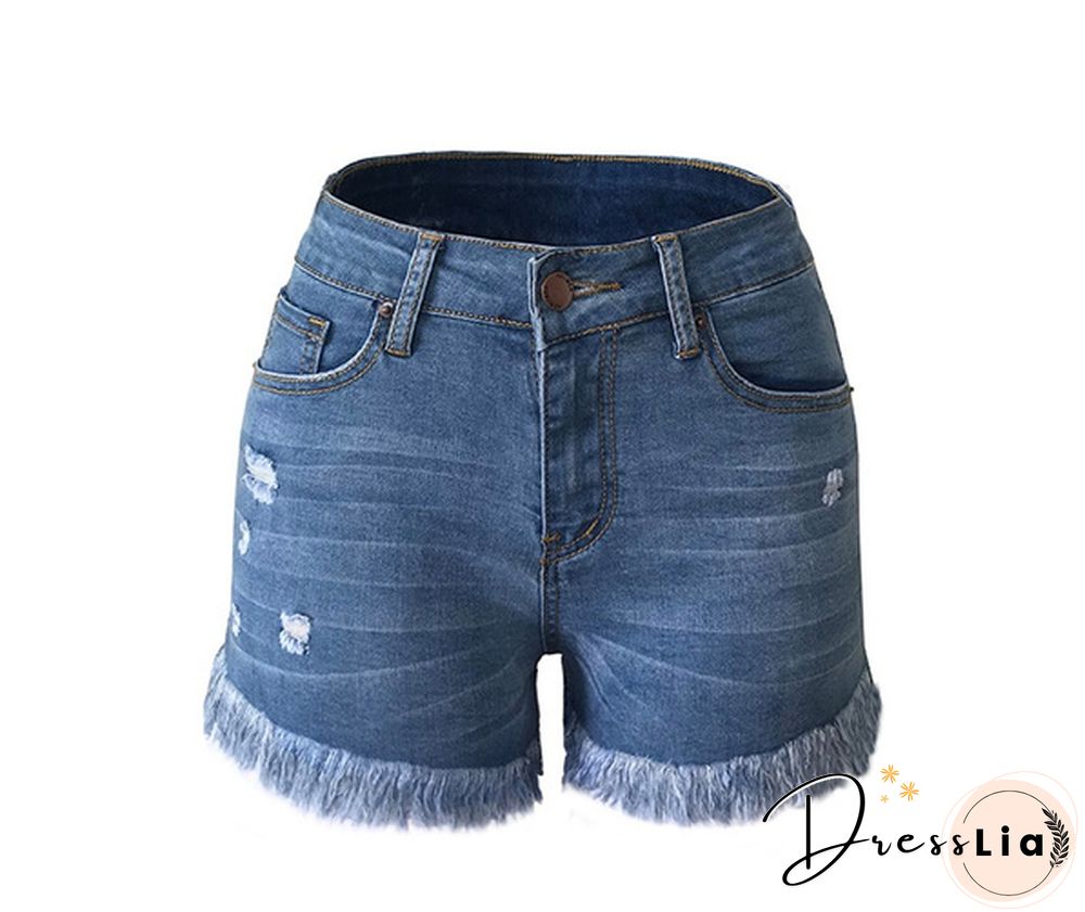 Fashion Women High Waist Tassel Hole Shorts Jeans Denim Slim Casual Short Pants