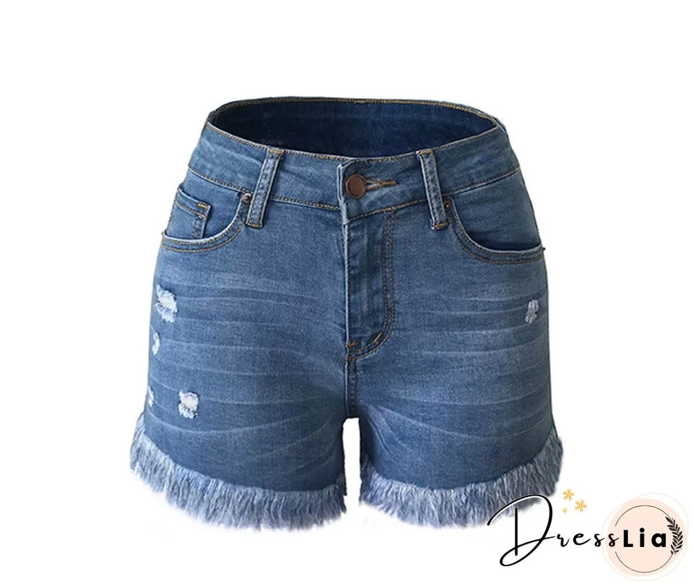 Fashion Women High Waist Tassel Hole Shorts Jeans Denim Slim Casual Short Pants