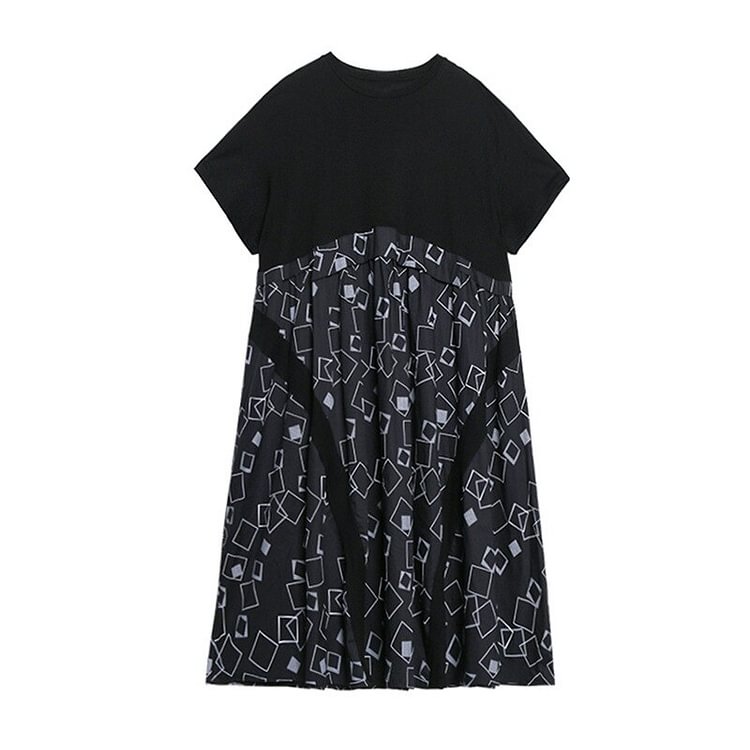 Street Loose Crewneck Short Sleeve Patchwork Printed Pleated Dress