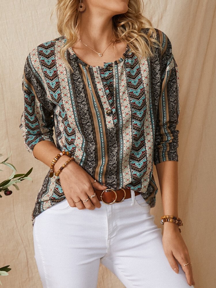 Striped Floral Print O-neck Long Sleeve Casual T-Shirt for Women