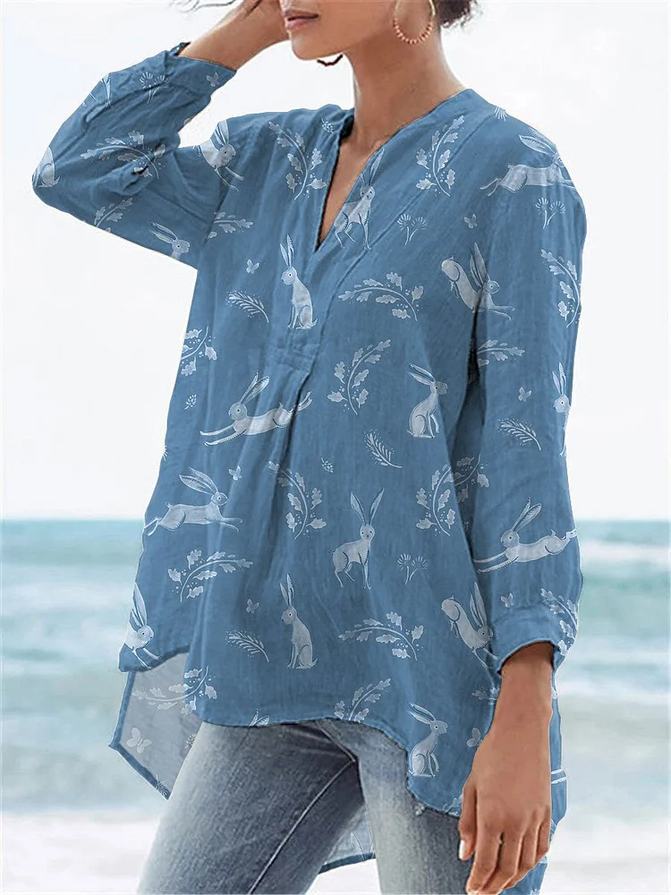 Spring Woodland Rabbit Repeat Pattern Printed Women's Casual Linen V-Neck Shirt
