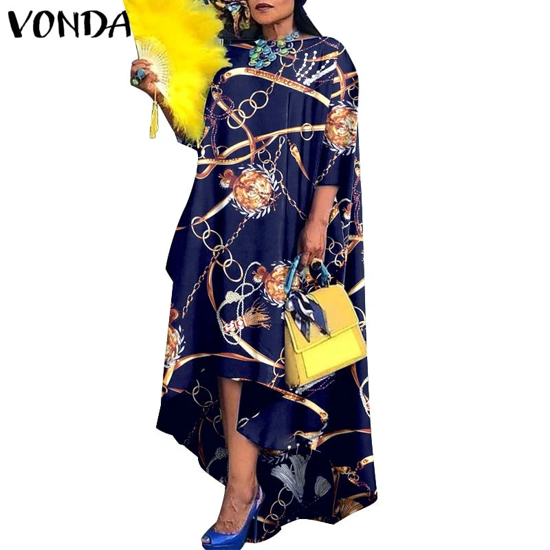 Women Dress 2022 VONDA Vintage Printed Asymmetric Party Long Maxi Dress Femme Robe Beach Sundress Casual Vestido Plus Size Robe