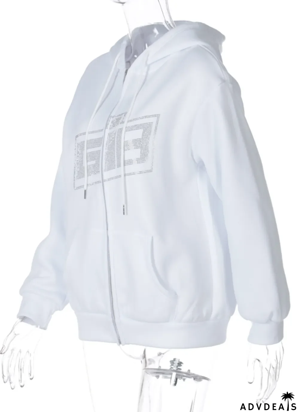 Autumn Sequin White Hooded Long Sleeve Jacket