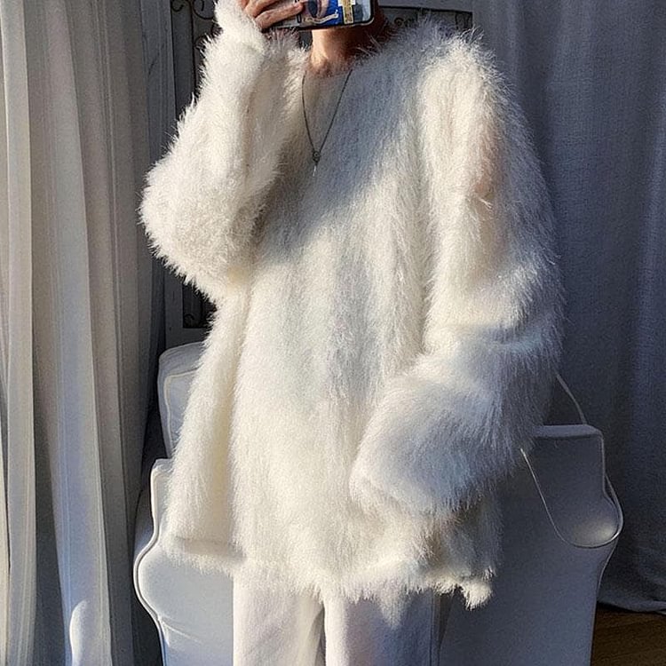 Fuzzy Pure Color Oversized Knitted Sweater SP15453