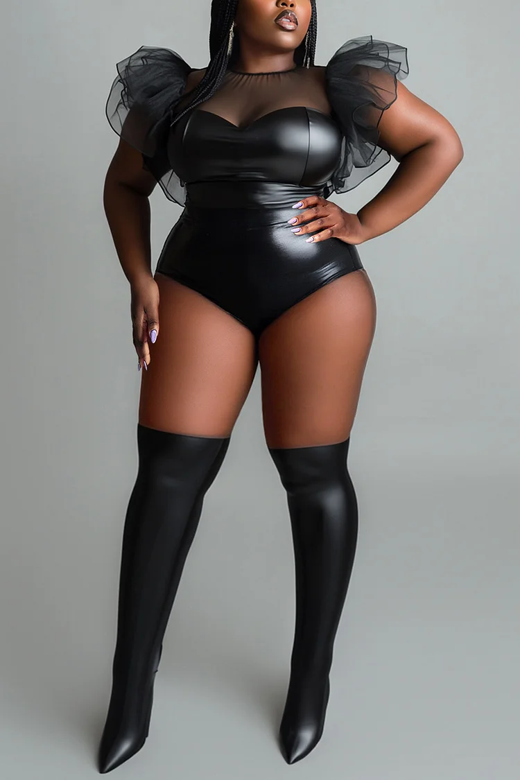Xpluswear Design Plus Size Daily Black Round Neck Flutter Sleeve See Through Ruffle Tulle PU Leather Bodysuits [Pre-Order]