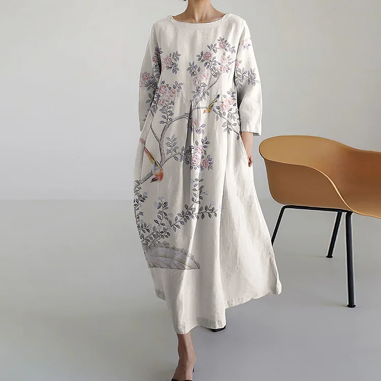 Flower And Bird Print Loose Midi Dress