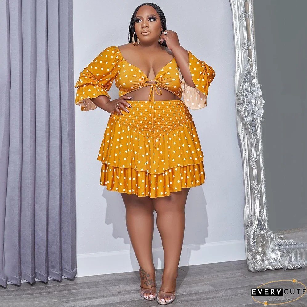 Plus Size Women Casual Fashion Sexy Crop Top + Lotus Leaf Skirt Two Piece Set