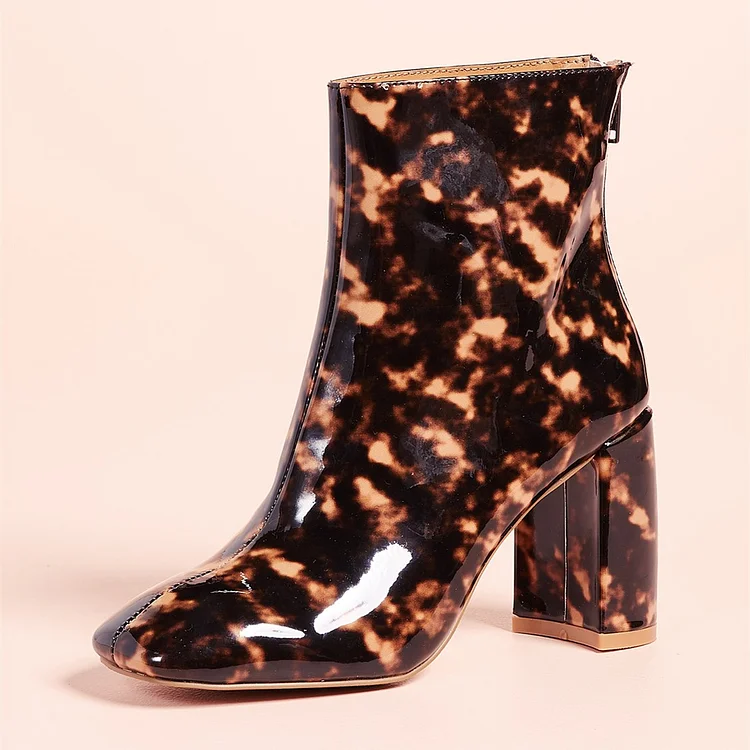 Brown Print Chunky Heel Square Toe Fashion Zipper Ankle Boots |FSJ Shoes