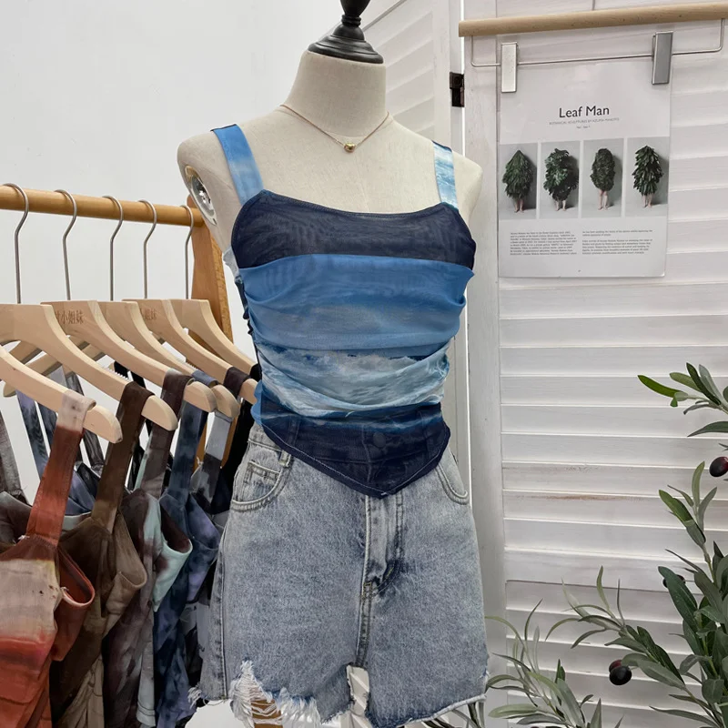 Brownm Hottie Tie Dye Irregular Sleeveless Small Sleeveless Sleeve Strip Back Strap Bow Strap Bow Blouse 8757