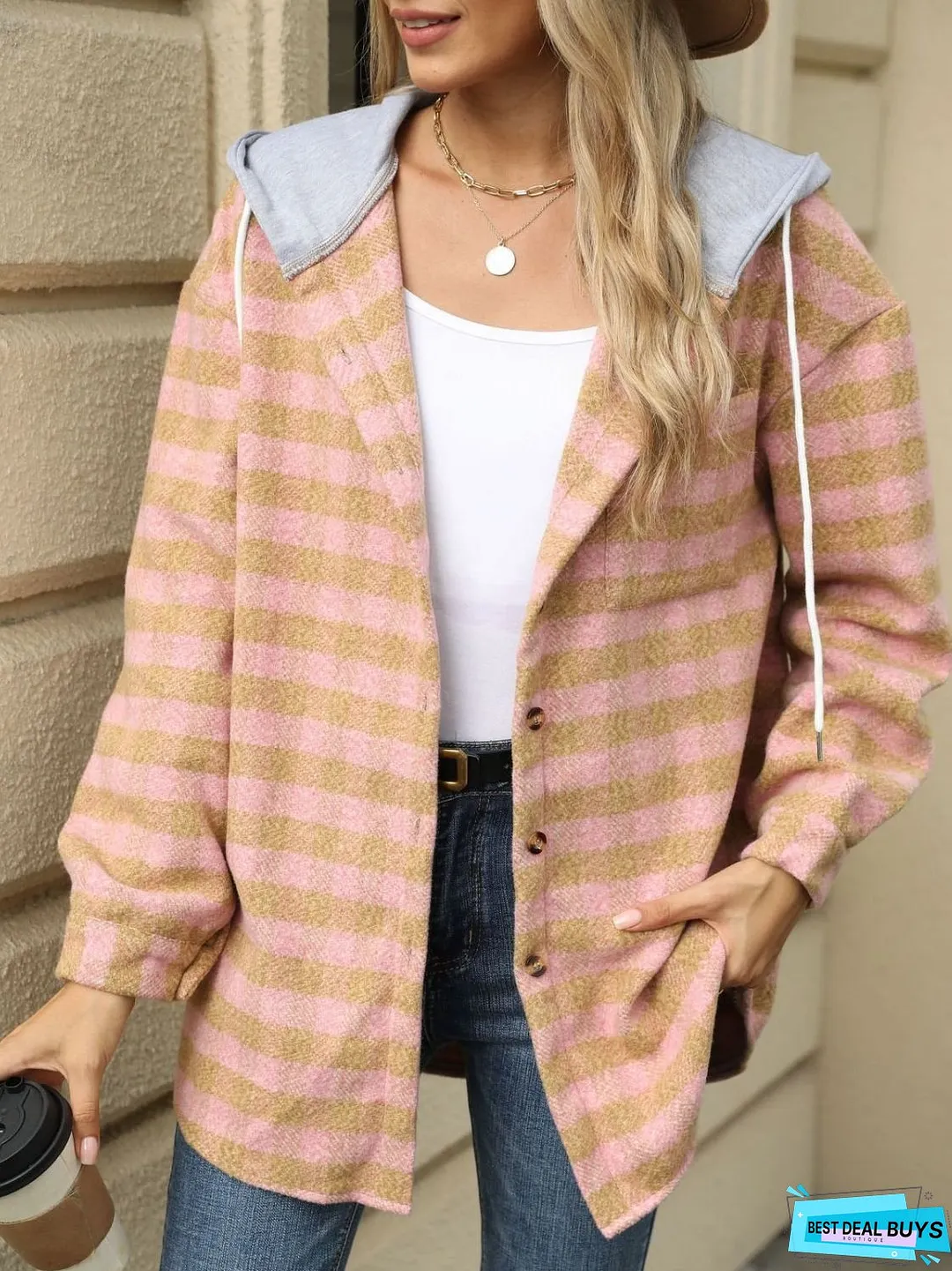 Drawstring Plaid Long Sleeve Hooded Jacket