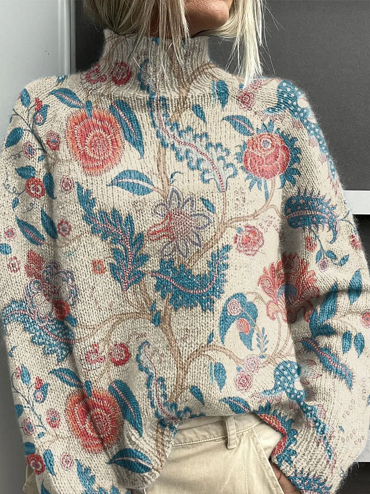 Vintage Flower Art Print Knit Turtleneck Pullover Sweater