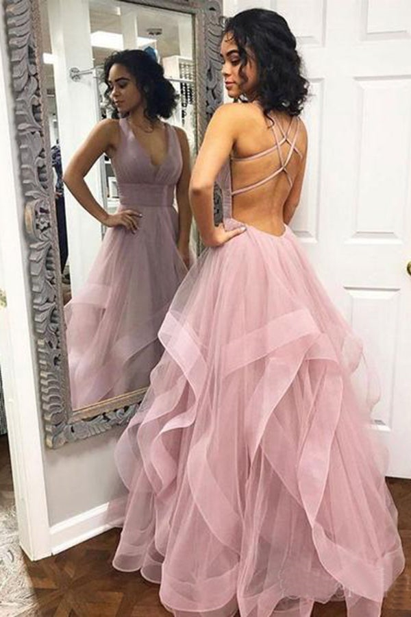 V-Neck Sleeveless Tulle Prom Dress Ruffles