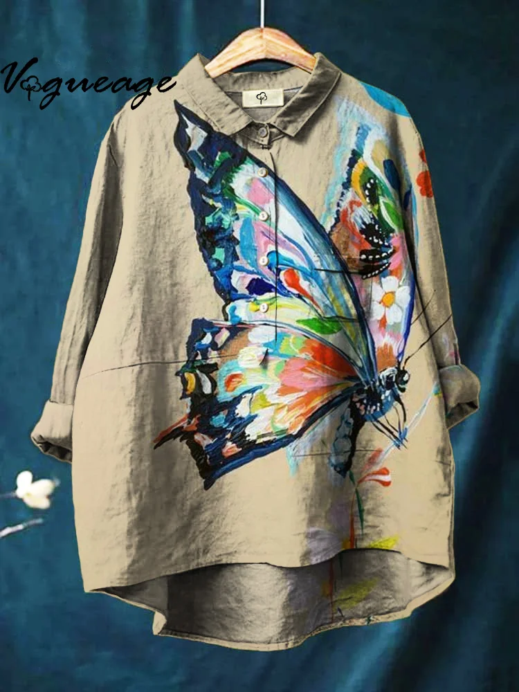 Simple Oil Painting Butterfly Printed Cotton And Linen Shirt