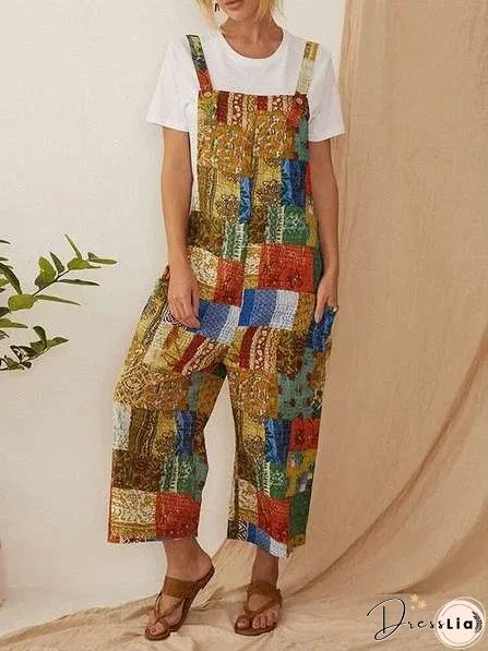 Women's Clothing Bohemian Character Print Suspenders Jumpsuit