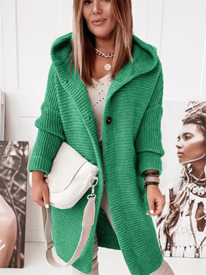 Women's Cardigan Sweater Jumper Knit Button Knitted Solid Color Hooded Stylish Casual Daily Weekend Winter Fall Green Pink S M L / Long Sleeve / Regular Fit | 168DEAL