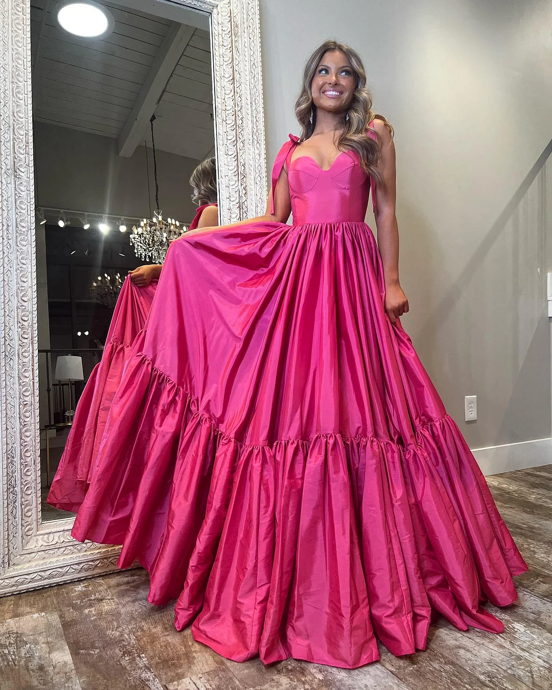 Oknass Sleeveless Straps Sweetheart Long Prom Dress With Ruffles Pleated 