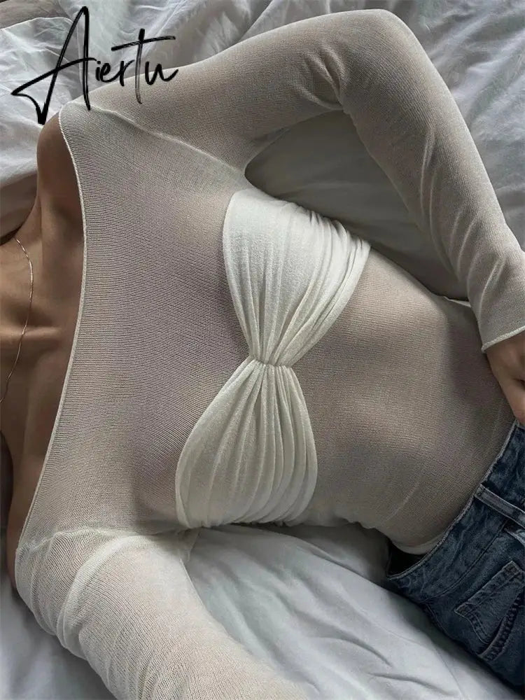 Black Friday  Mesh Sheer Off-Shoulder Top Shirt For Women New Long Sleeve See-Through Lace Knit Pullover Tops Summer Mesh Top Tee Shirt Aiertu