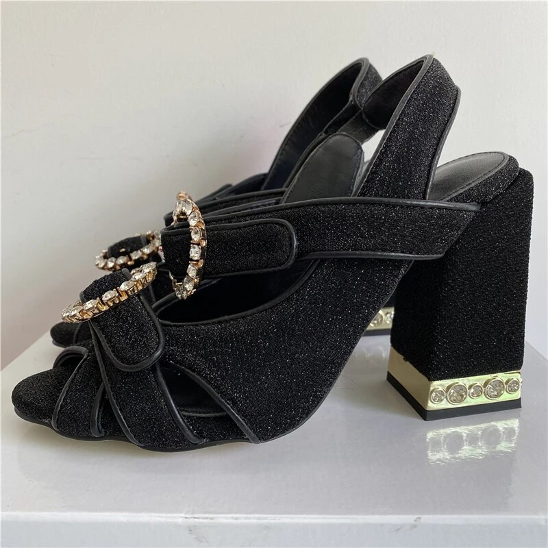 VCSHOES Round Crystal Buckle Gladiator Sandals Women Peep Toe Rhinestone High Heel Velvet Chic Shoes Woman