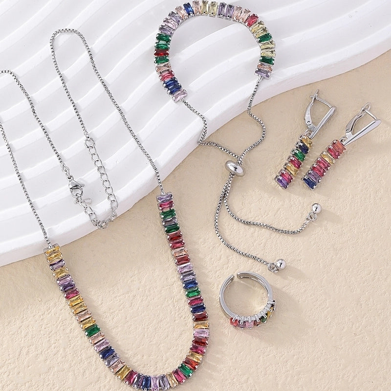 304 Stainless Steel Copper Rhodium Plated Minimalist Shiny Inlay Geometric Rectangle Zircon Rings Earrings Necklace