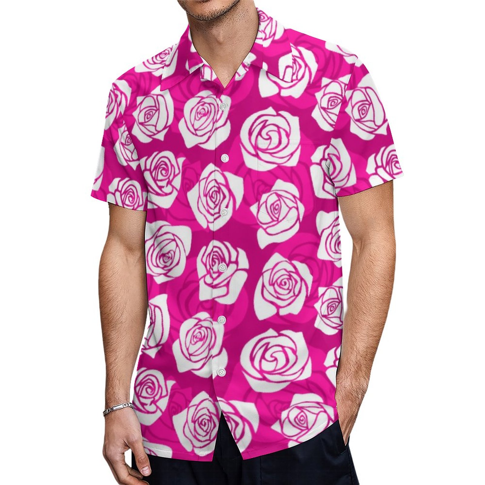 Vintage Pink Roses Insulated Water Bottle Hawaiian Shirt Mens Button Down Tropical Hawaii Beach Shirts