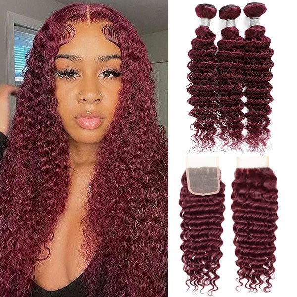 Burgundy 99j# Color Deep Wave Human Hair Bundles with Lace Closure Peruvian Hair US Mall Lifes