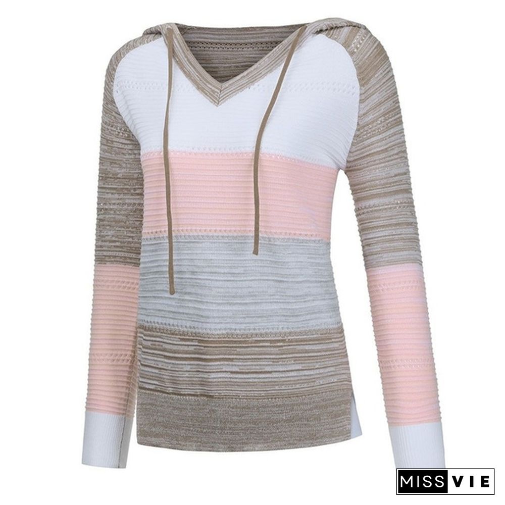 New Fashion Stitching V-neck Hooded Sweaters for Women Autumn Hollow-out Knitted Sweater Color Block Pullover Hoodies Coat