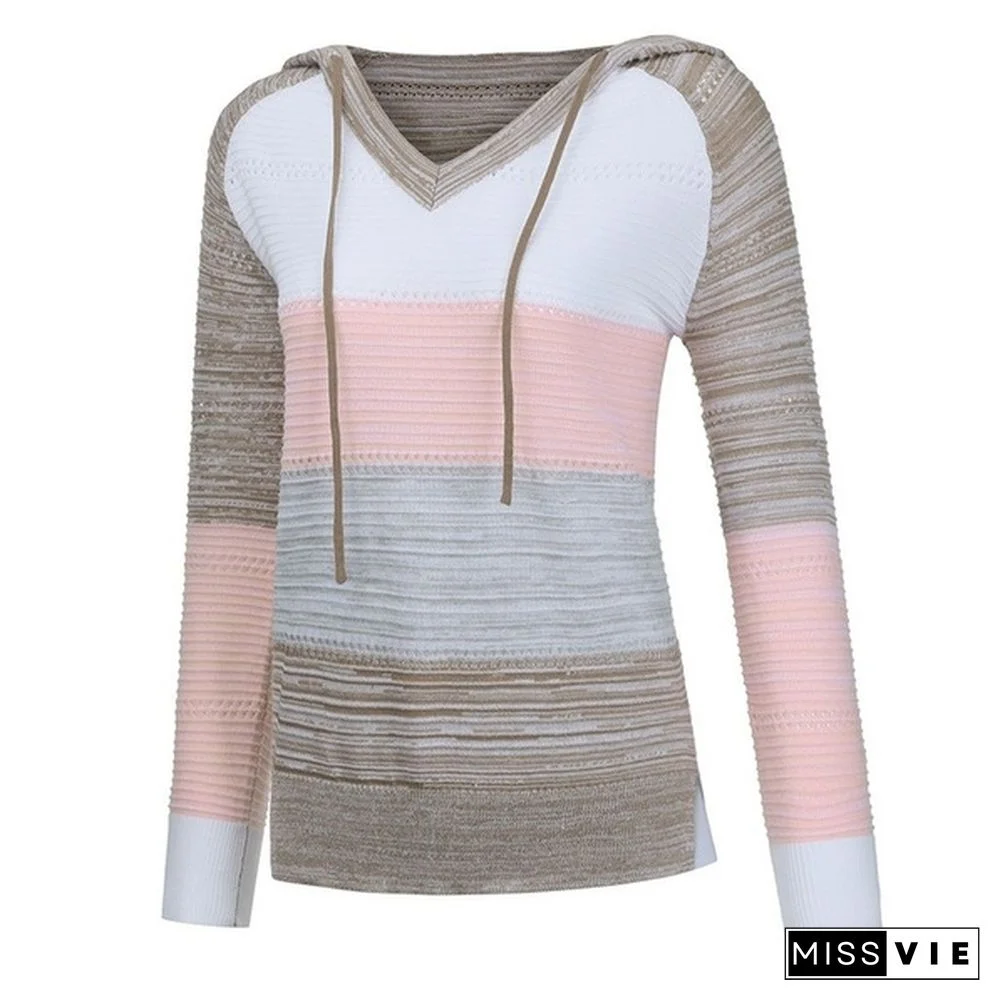 New Fashion Stitching V-neck Hooded Sweaters for Women Autumn Hollow-out Knitted Sweater Color Block Pullover Hoodies Coat