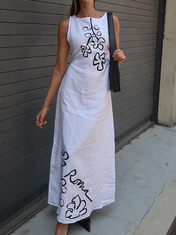 Flower Print Tied Waist Loose Sleeveless Round-Neck Maxi Dresses