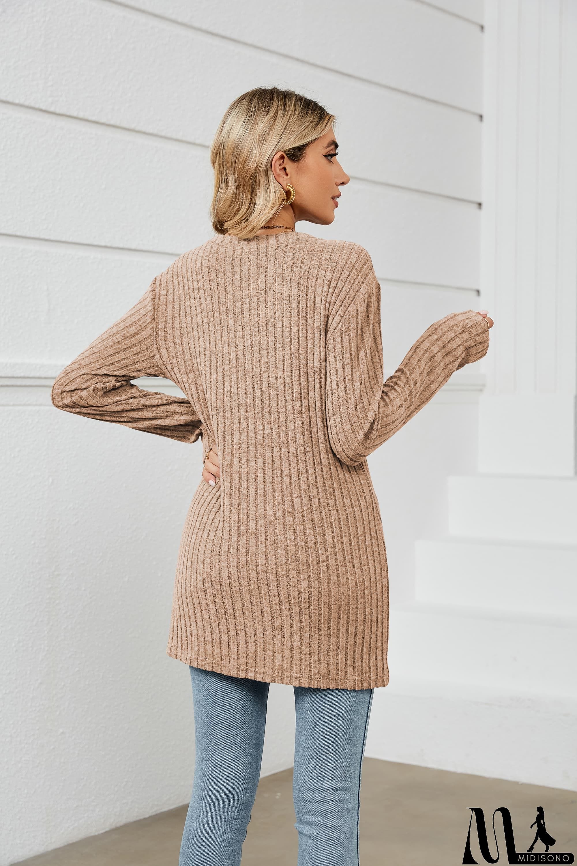 MidiSono - Notched Neck Ribbed Long Sleeve T-Shirt