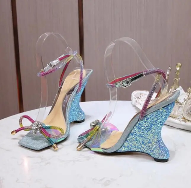 VCSHOES Bling Bling Sequins Wedge Rhinestone Bowtie Sandals Wedged Strange Heel Wedding Shoes Woman Glitter Ankle Strap Cutout Sandalias