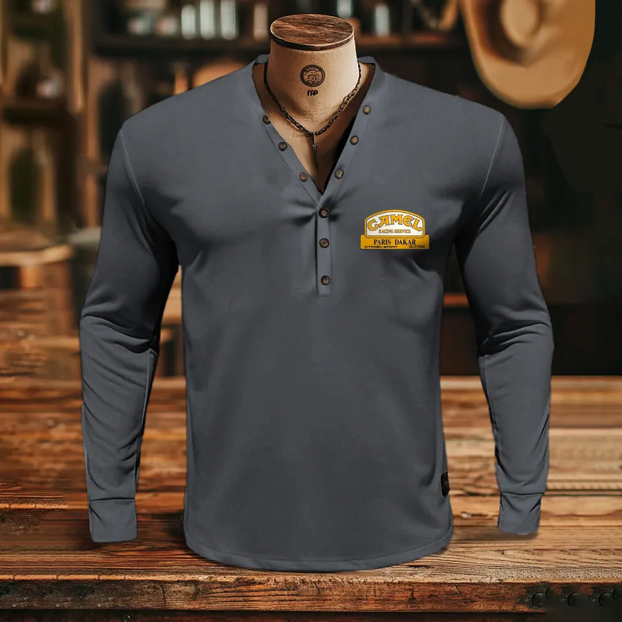 Stylish Logo Long Sleeve Henley Shirt