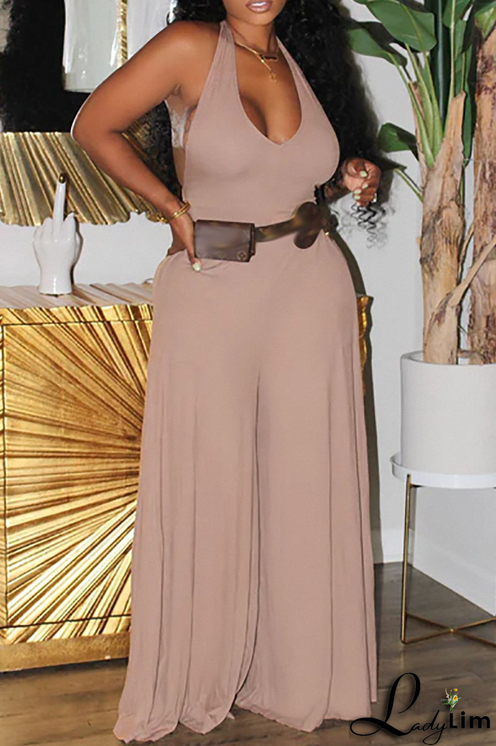 Black Casual Solid Patchwork Halter Loose Jumpsuits