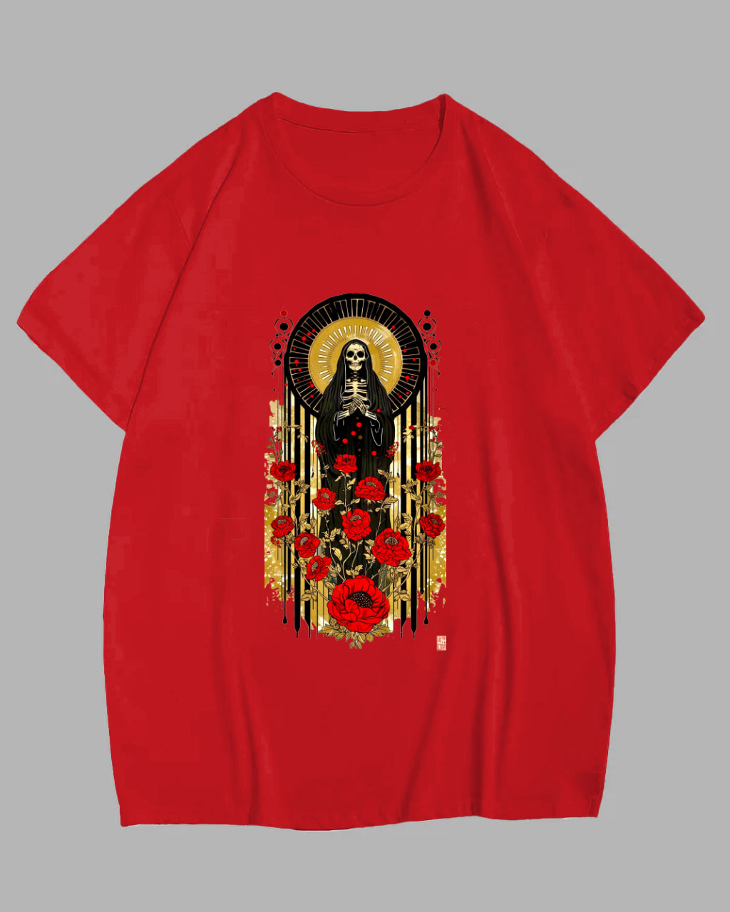 Big Men's Praying Skull and Rose Print Short-Sleeve T-Shirt