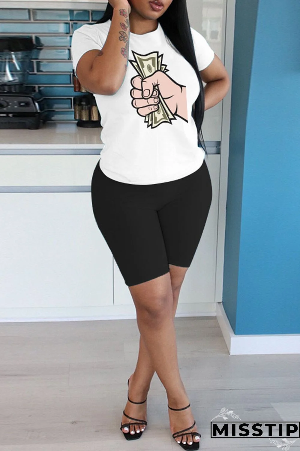 Black Casual Print Patchwork O Neck Short Sleeve Two Pieces