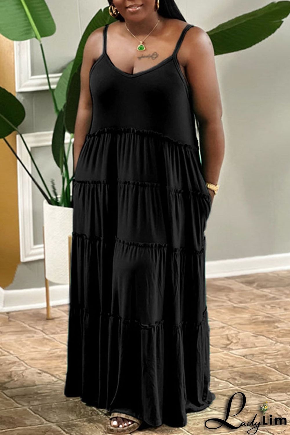 Green Casual Solid Patchwork Pearl Spaghetti Strap Sling Dress Plus Size Dresses