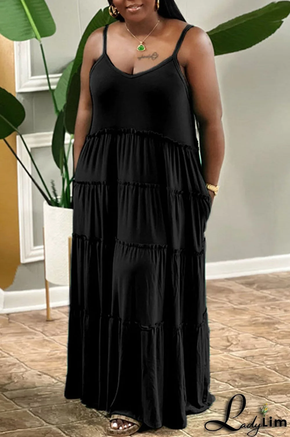 Green Casual Solid Patchwork Pearl Spaghetti Strap Sling Dress Plus Size Dresses