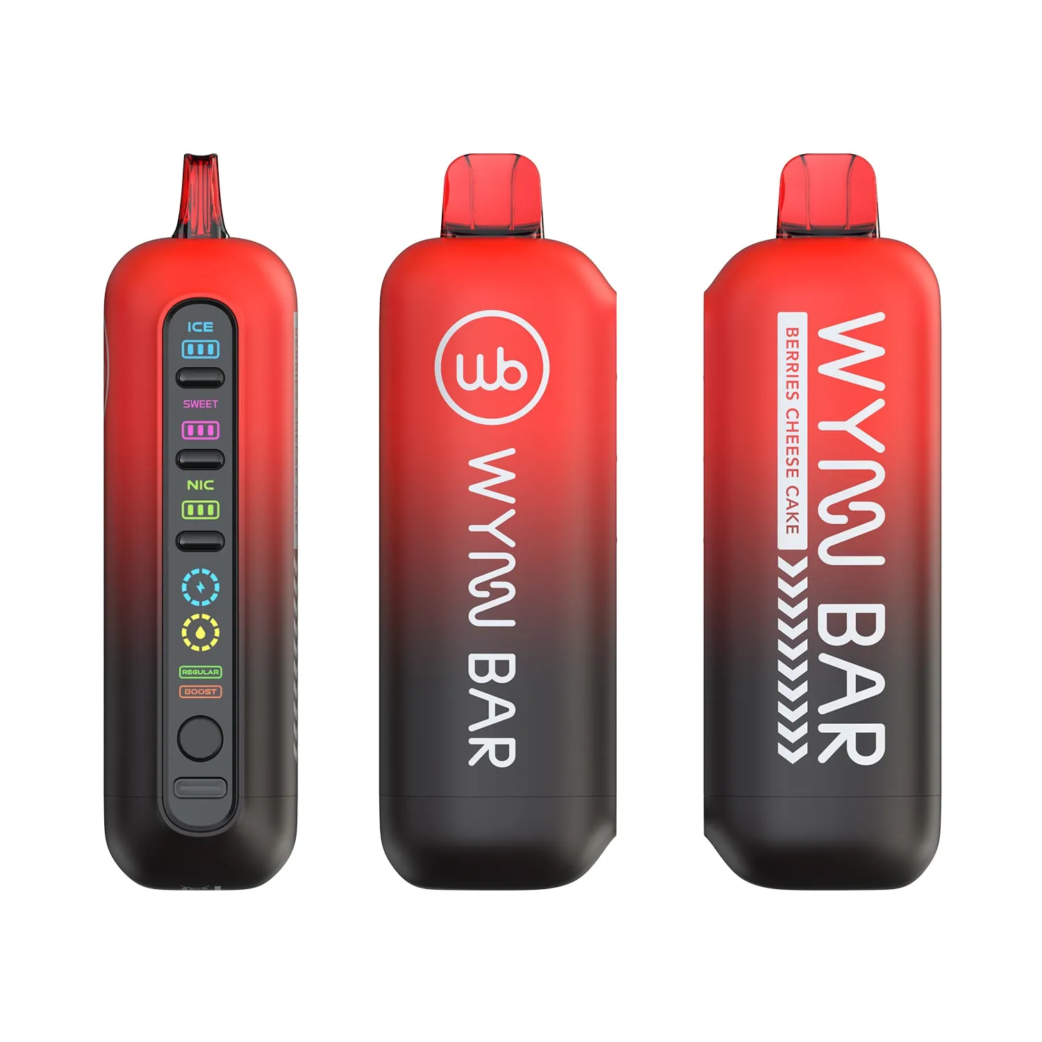 Wynn Bar 50K adjustable disposable vape, red/black, with ICE, SWEET, NIC, VOLTAGE features. BERRIES CHEESE CAKE flavor.
