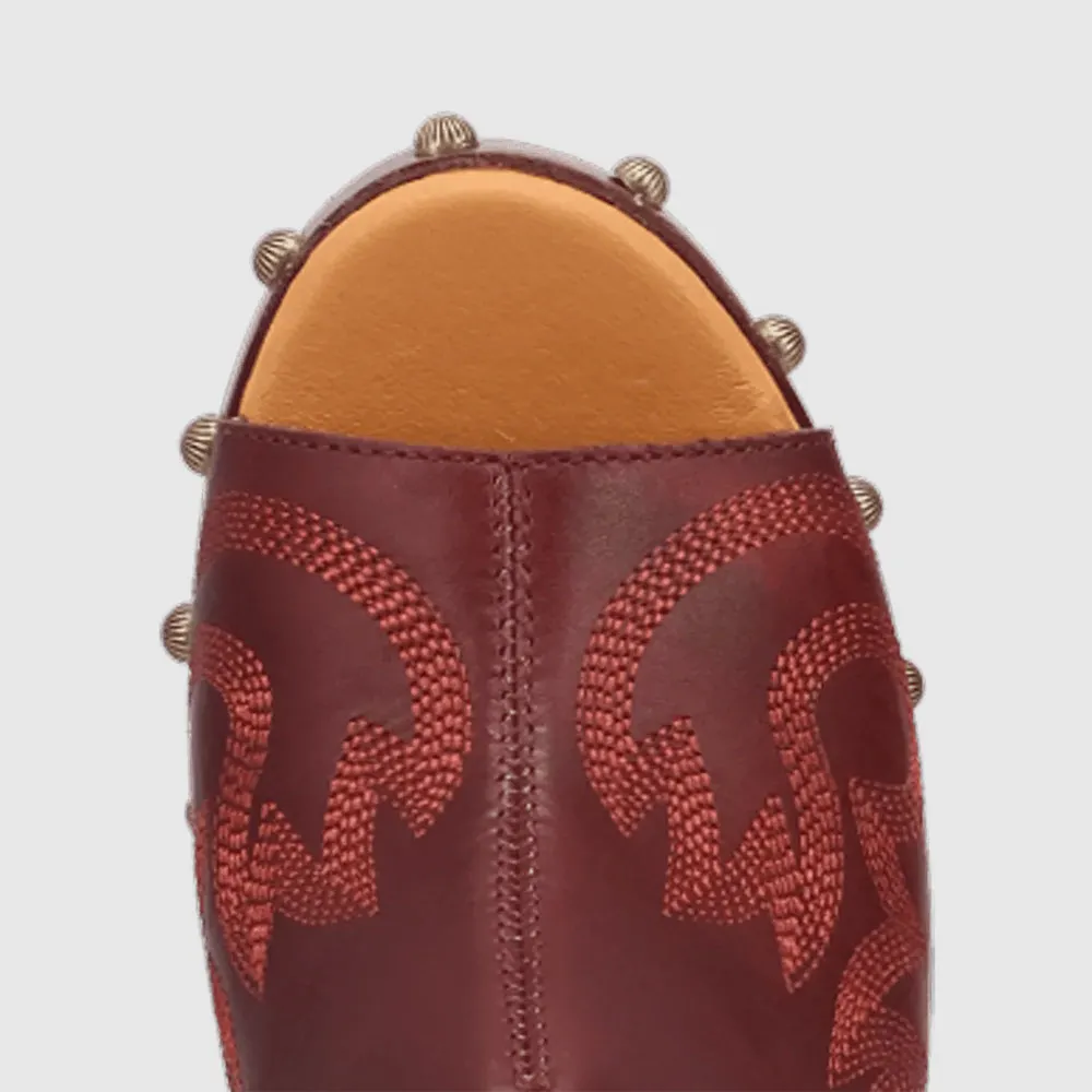 Maroon Chunky Heel Platform Embroidered Mules for Women with Studded