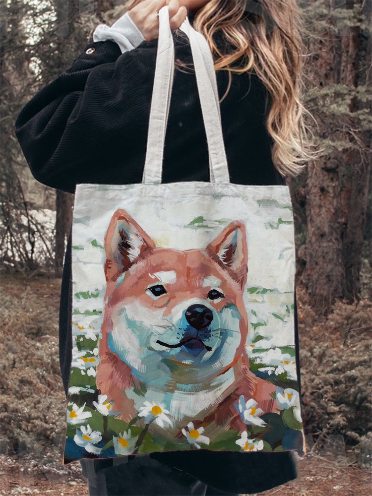 Comstylish Japanese Art Dog Print Washed Canvas Bag