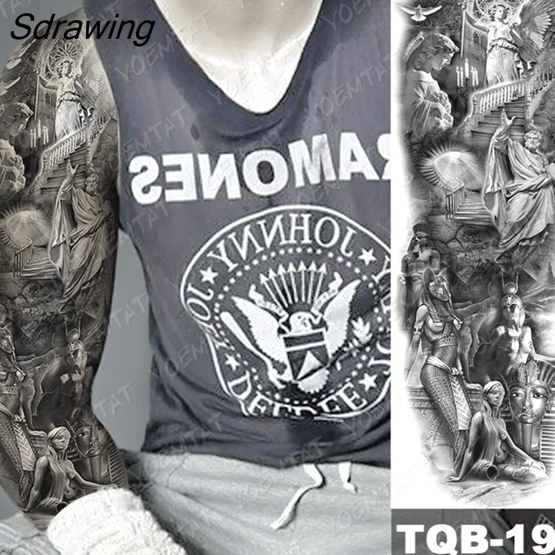 Sdrawing Arm Sleeve Tattoo Tiger Lion Wolf Owl Waterproof Temporary Tatto Sticker Crown Warrior Body Art Full Fake Tatoo Men Women